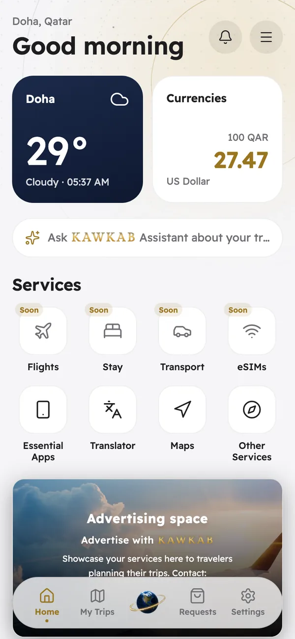 Kawkab home screen